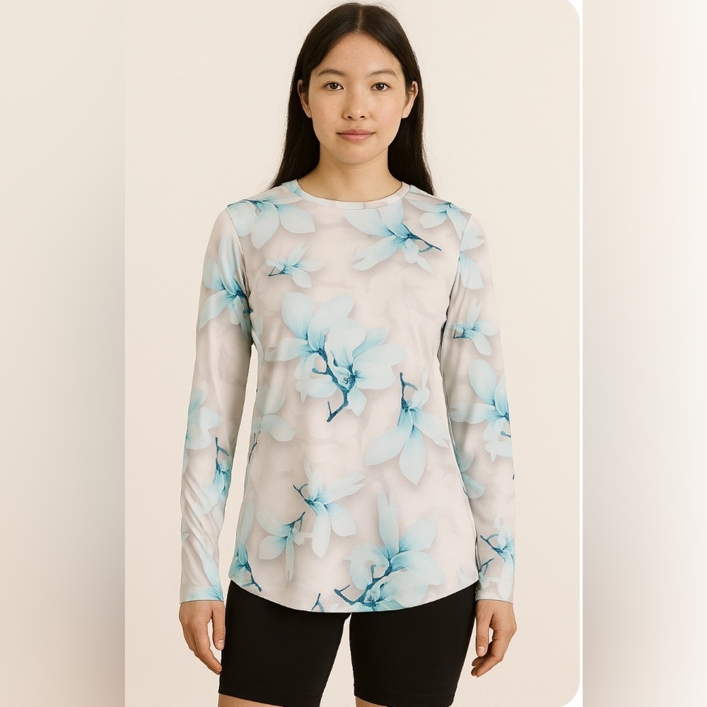 5Fin Floral/Dolphin Long Sleeve Rash Guard Top-Blue.  Size-Small
